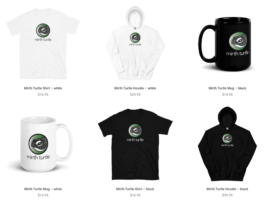 A selection of clothing and mugs branded with Mirth Turtle iconography.